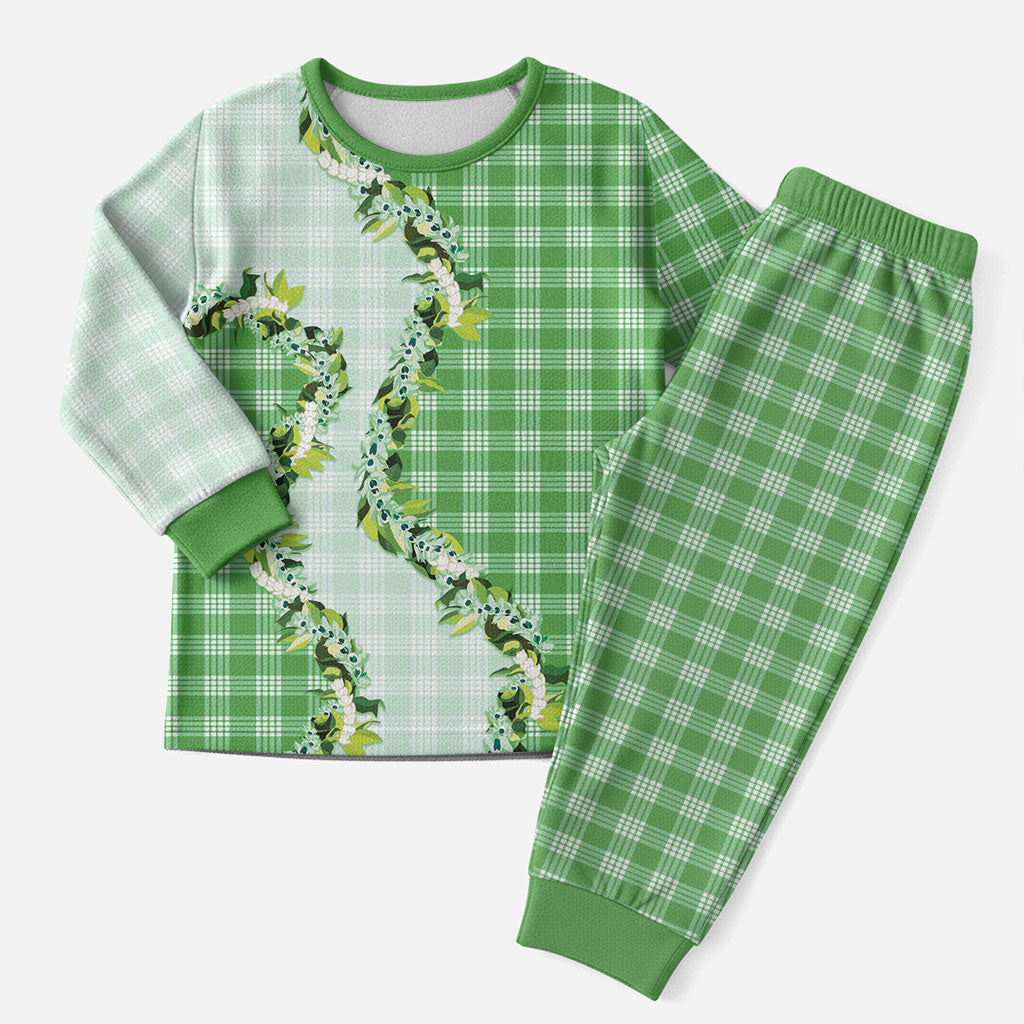 Green Hawaii Palaka Christmas Pajama Set Maile Pikake Honohono Orchid Lei LT05 Men Green - Polynesian Pride