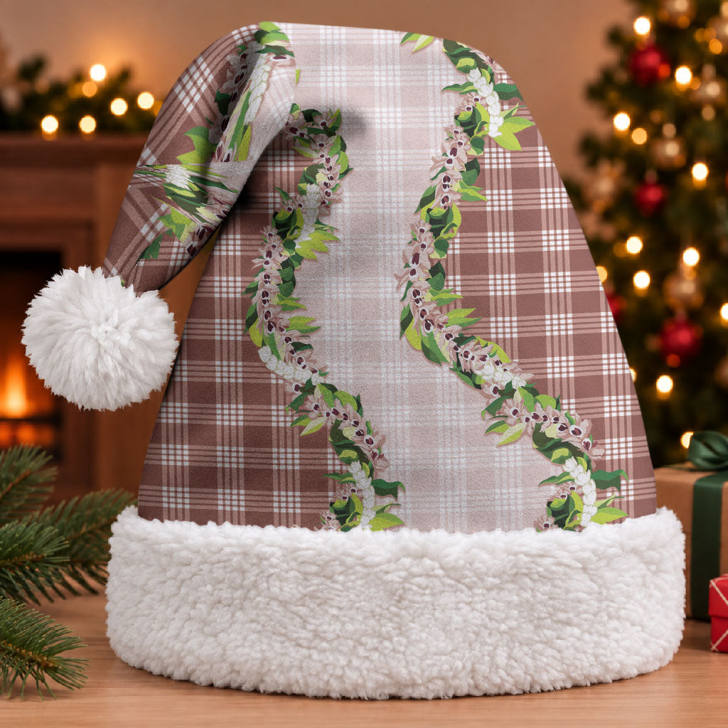 Mocha Hawaii Palaka Christmas Santa Hat Maile Pikake Honohono Orchid Lei LT05 With Fur Mocha - Polynesian Pride