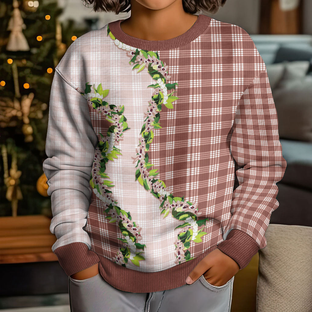 Mocha Hawaii Palaka Kid Ugly Christmas Sweater Maile Pikake Honohono Orchid Lei LT05 - Polynesian Pride