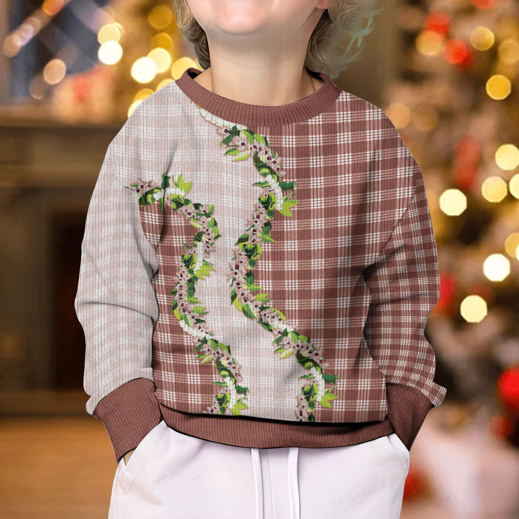 Mocha Hawaii Palaka Kid Ugly Christmas Sweater Maile Pikake Honohono Orchid Lei LT05 - Polynesian Pride