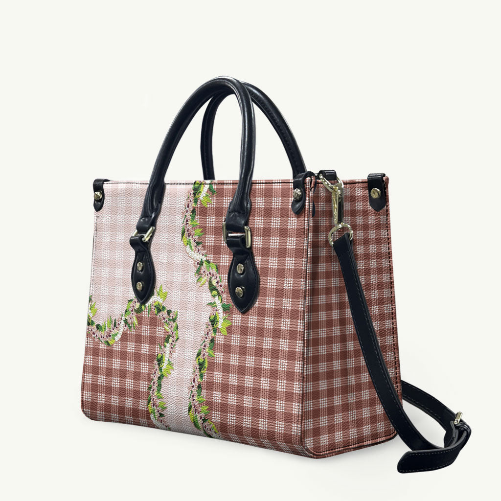 Mocha Hawaii Palaka Leather Bag Maile Pikake Honohono Orchid Lei LT05 Mocha - Polynesian Pride