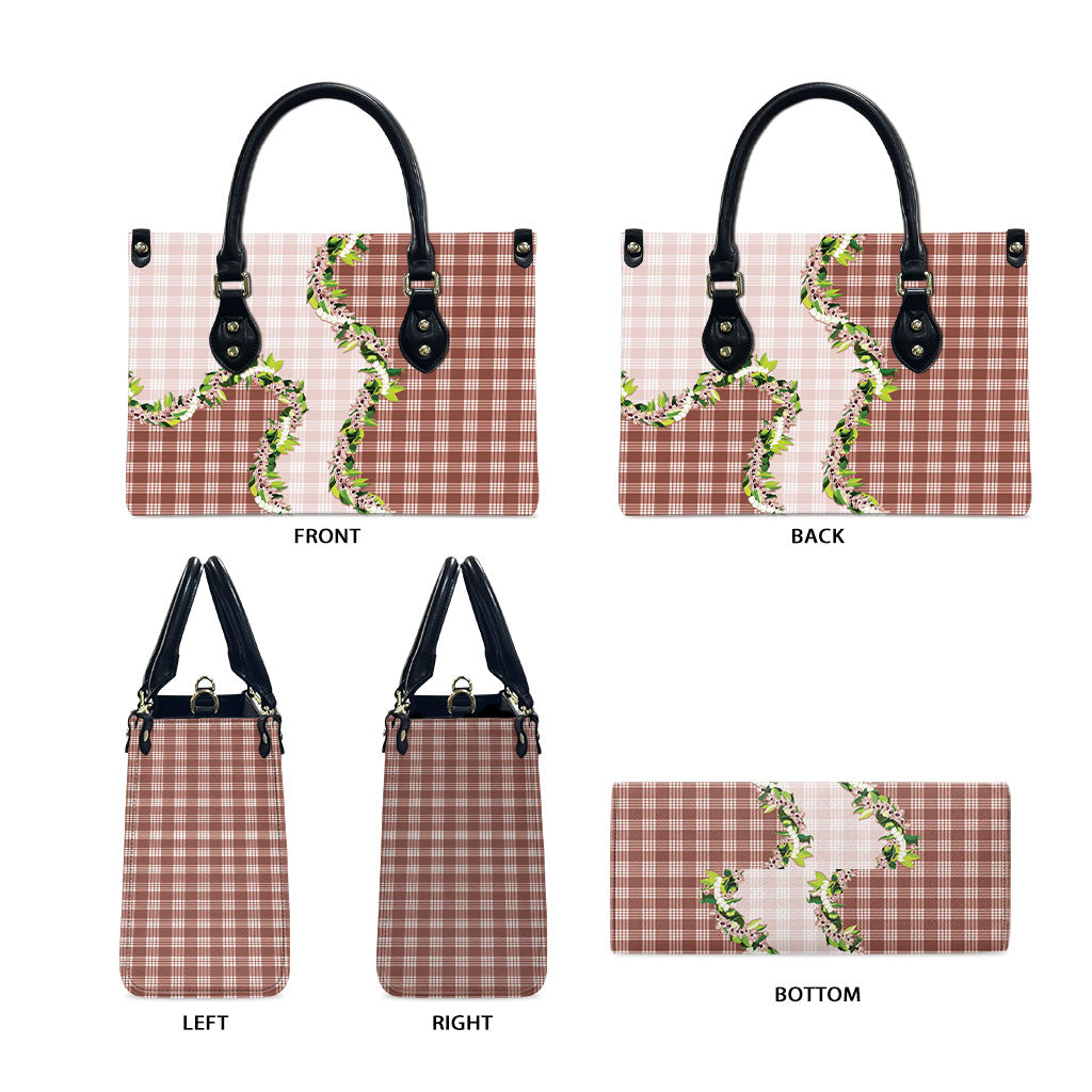 Mocha Hawaii Palaka Leather Bag Maile Pikake Honohono Orchid Lei LT05 - Polynesian Pride
