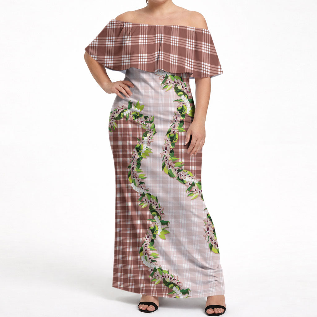 Mocha Hawaii Palaka Off Shoulder Maxi Dress Maile Pikake Honohono Orchid Lei LT05 Women Mocha - Polynesian Pride