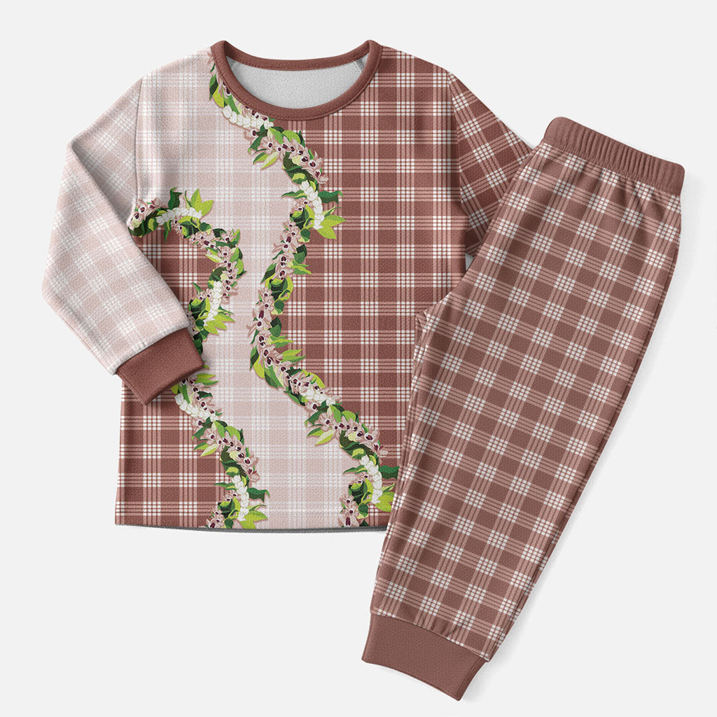 Mocha Hawaii Palaka Christmas Pajama Set Maile Pikake Honohono Orchid Lei LT05 Men Mocha - Polynesian Pride