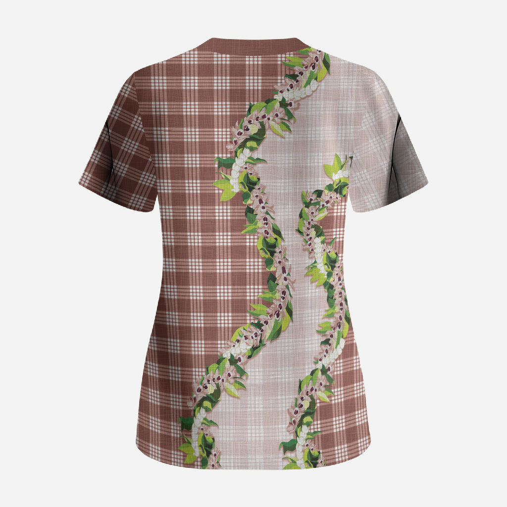 Mocha Hawaii Palaka Scrub Top Maile Pikake Honohono Orchid Lei LT05 - Polynesian Pride