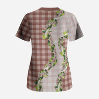 Mocha Hawaii Palaka Scrub Top Maile Pikake Honohono Orchid Lei LT05 - Polynesian Pride