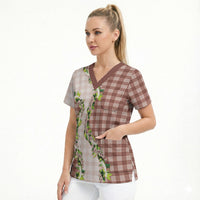 Mocha Hawaii Palaka Scrub Top Maile Pikake Honohono Orchid Lei LT05 - Polynesian Pride