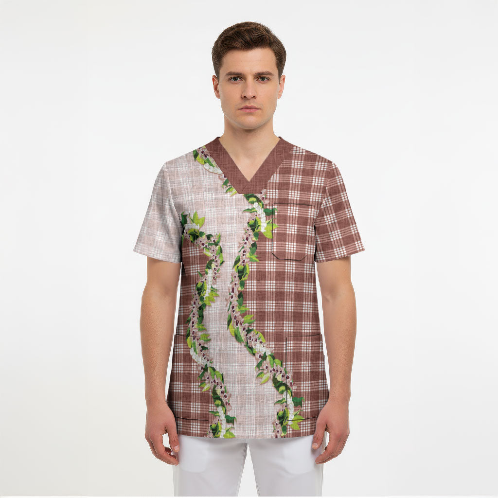 Mocha Hawaii Palaka Scrub Top Maile Pikake Honohono Orchid Lei LT05 - Polynesian Pride