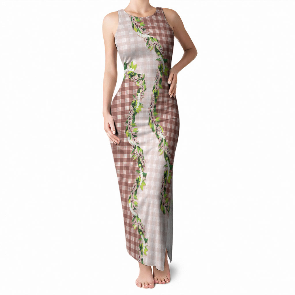Mocha Hawaii Palaka Tank Maxi Dress Maile Pikake Honohono Orchid Lei LT05 Women Mocha - Polynesian Pride