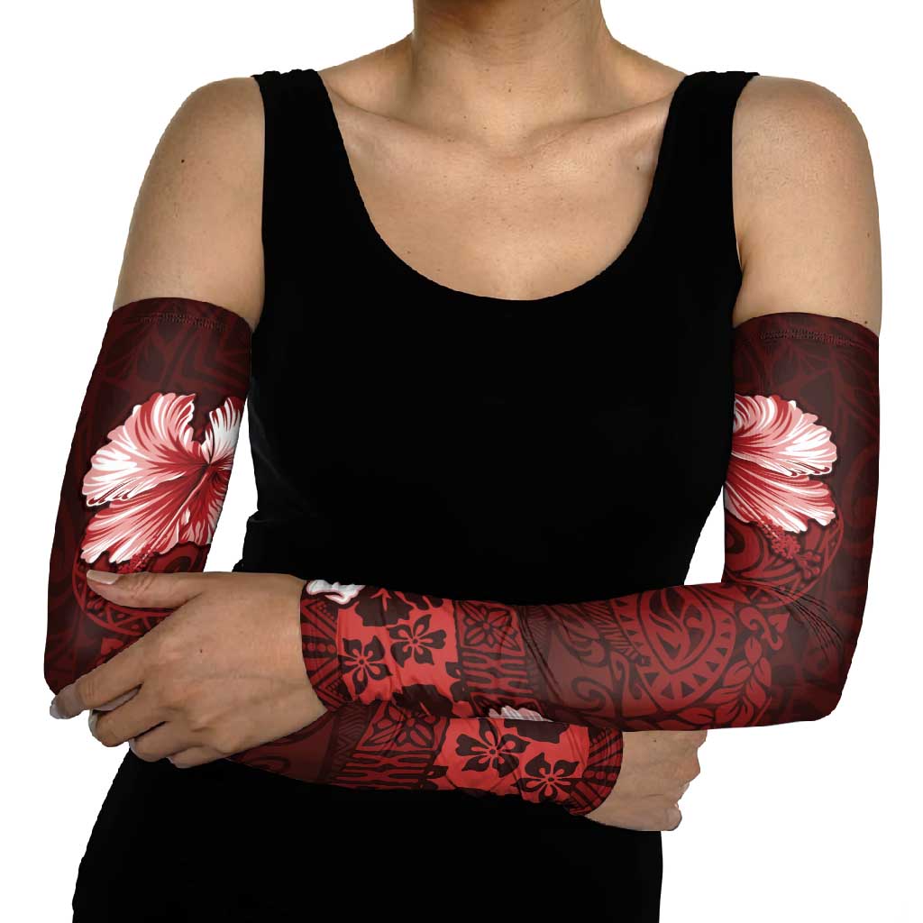 Hawaii Hibiscus With Oxblood Polynesian Pattern Arm Sleeves LT05 - Polynesian Pride