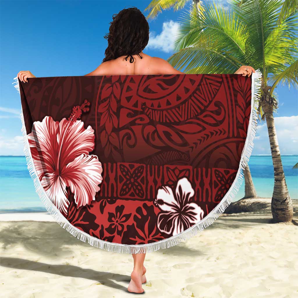 Hawaii Hibiscus With Oxblood Polynesian Pattern Beach Blanket LT05 - Polynesian Pride