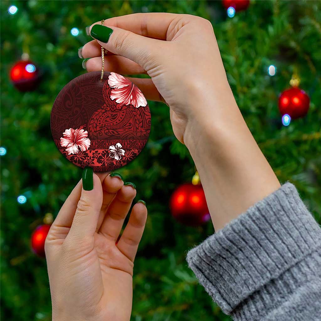 Hawaii Hibiscus With Oxblood Polynesian Pattern Ceramic Ornament LT05 - Polynesian Pride