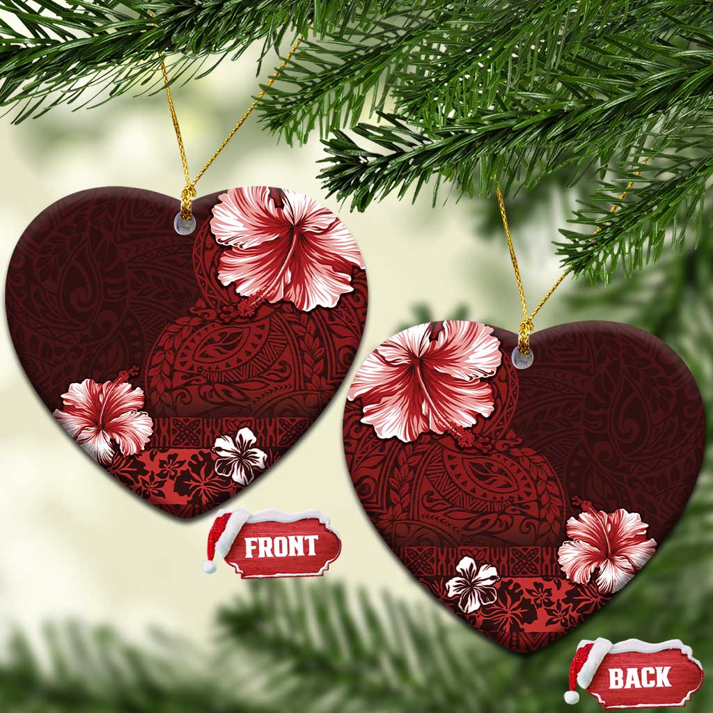 Hawaii Hibiscus With Oxblood Polynesian Pattern Ceramic Ornament LT05 Heart Red - Polynesian Pride