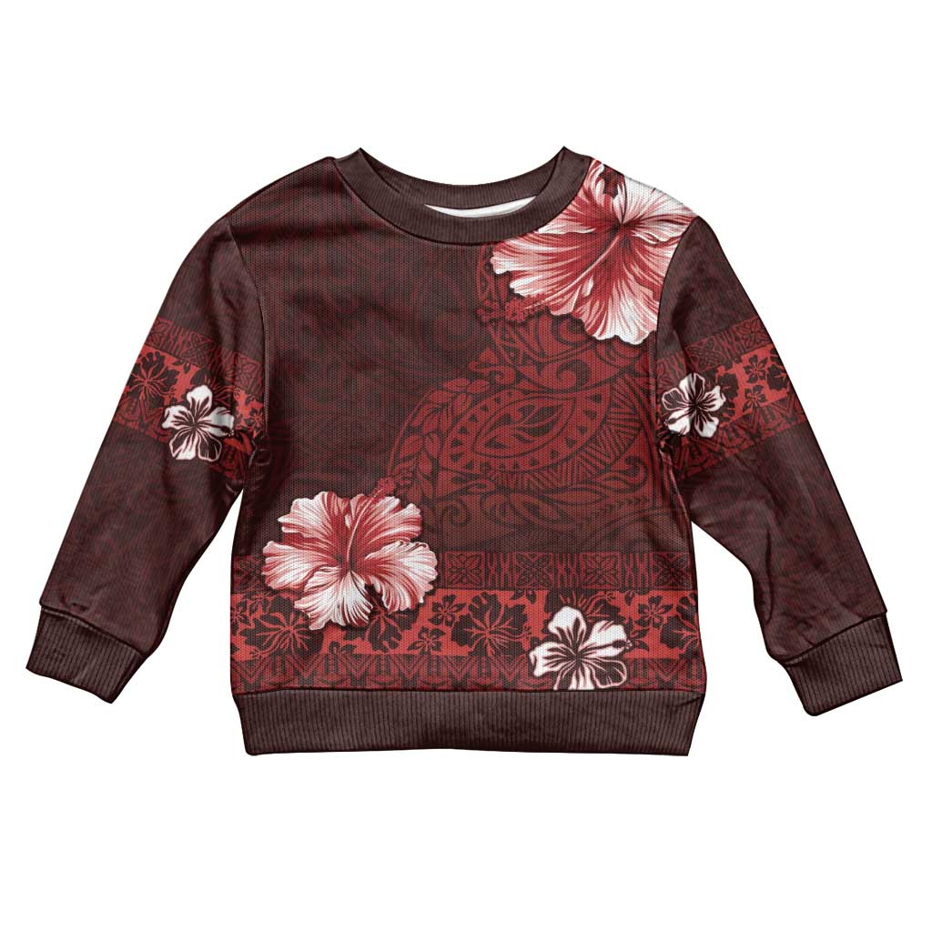 Hawaii Hibiscus With Oxblood Polynesian Pattern Kid Ugly Christmas Sweater LT05 Kid Red - Polynesian Pride