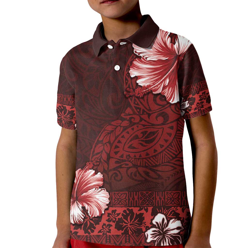 Hawaii Hibiscus With Oxblood Polynesian Pattern Kid Polo Shirt LT05 Kid Red - Polynesian Pride