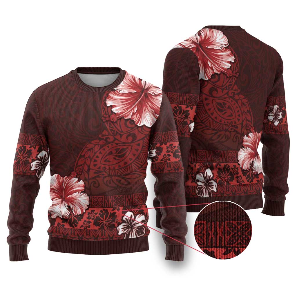 Hawaii Hibiscus With Oxblood Polynesian Pattern Ugly Christmas Sweater LT05 Red - Polynesian Pride