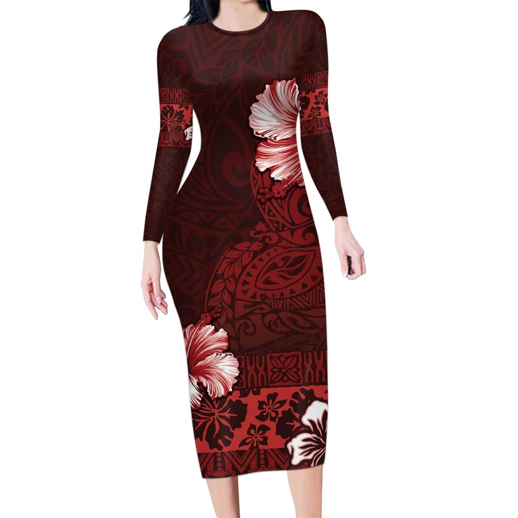 Hawaii Hibiscus With Oxblood Polynesian Pattern Long Sleeve Bodycon Dress LT05 Long Dress Red - Polynesian Pride