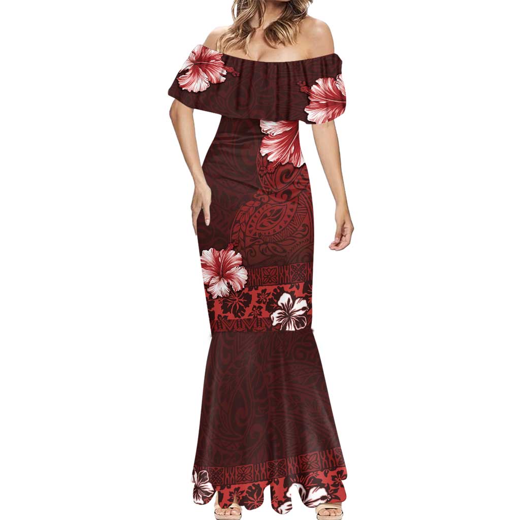 Hawaii Hibiscus With Oxblood Polynesian Pattern Mermaid Dress LT05 - Polynesian Pride