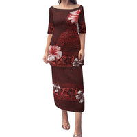 Hawaii Hibiscus With Oxblood Polynesian Pattern Puletasi LT05 Long Dress Red - Polynesian Pride