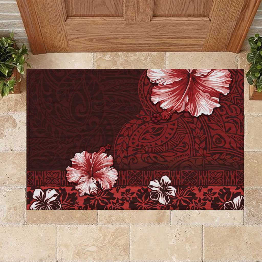 Hawaii Hibiscus With Oxblood Polynesian Pattern Rubber Doormat LT05 Red - Polynesian Pride