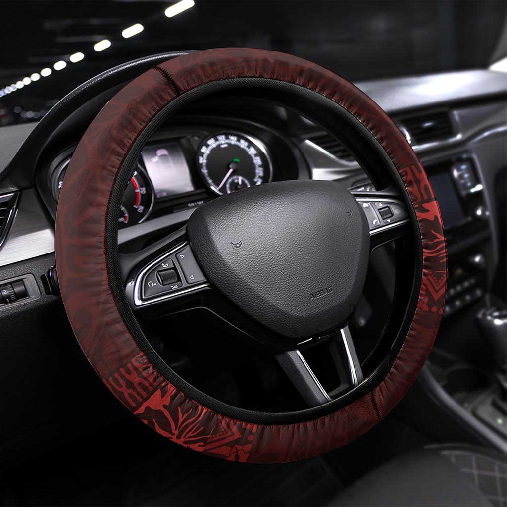 Hawaii Hibiscus With Oxblood Polynesian Pattern Steering Wheel Cover LT05 Universal Fit Red - Polynesian Pride