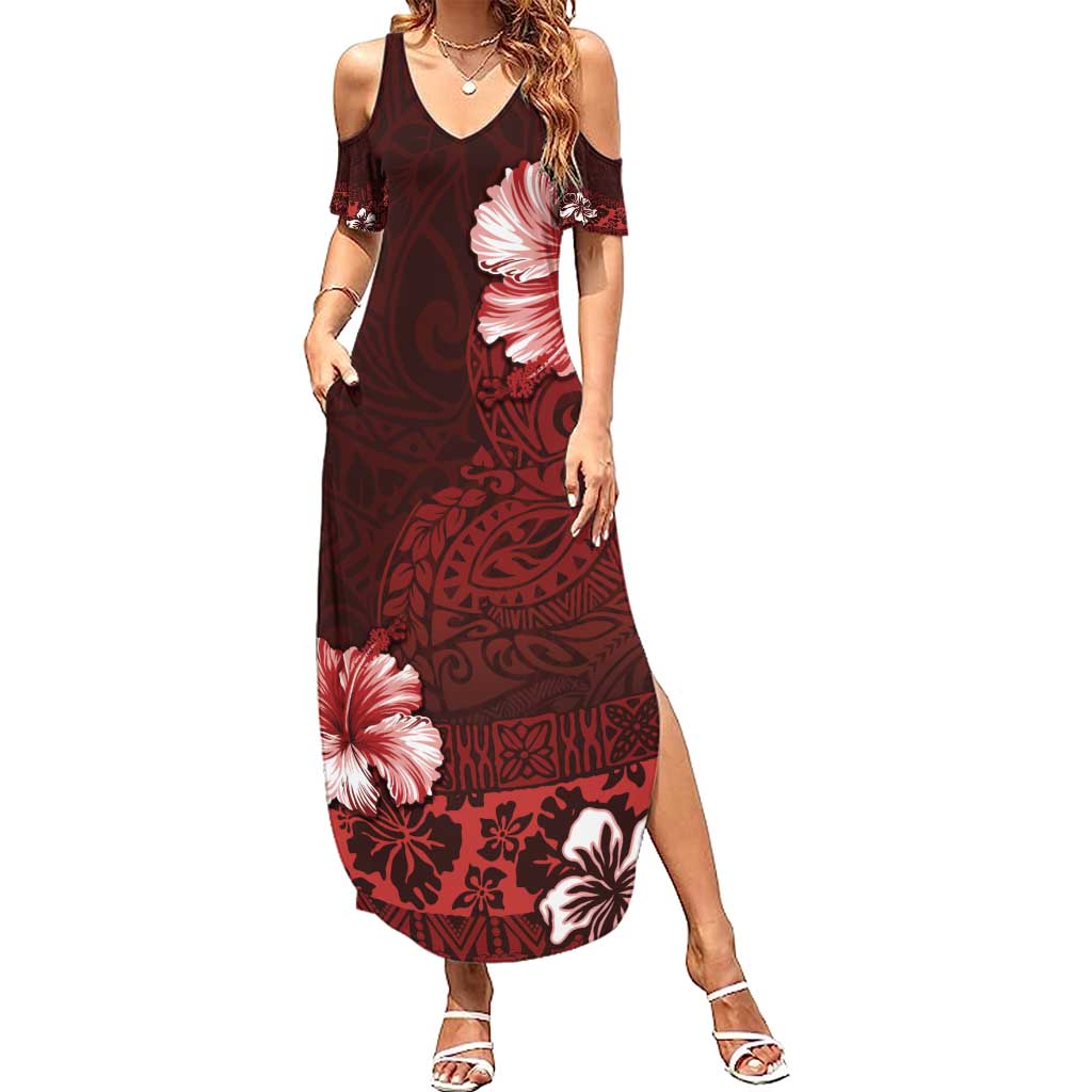 Hawaii Hibiscus With Oxblood Polynesian Pattern Summer Maxi Dress LT05 Women Red - Polynesian Pride
