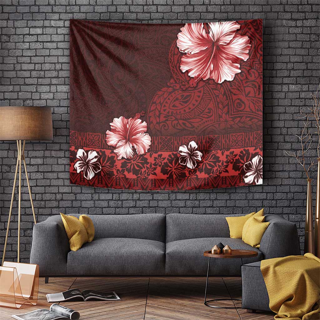 Hawaii Hibiscus With Oxblood Polynesian Pattern Tapestry LT05 - Polynesian Pride
