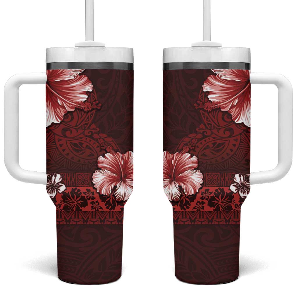 Hawaii Hibiscus With Oxblood Polynesian Pattern Tumbler With Handle LT05 One Size: 40 oz Red - Polynesian Pride