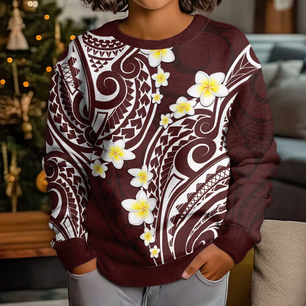 Plumeria With Oxblood Polynesian Tattoo Pattern Kid Ugly Christmas Sweater LT05 - Polynesian Pride