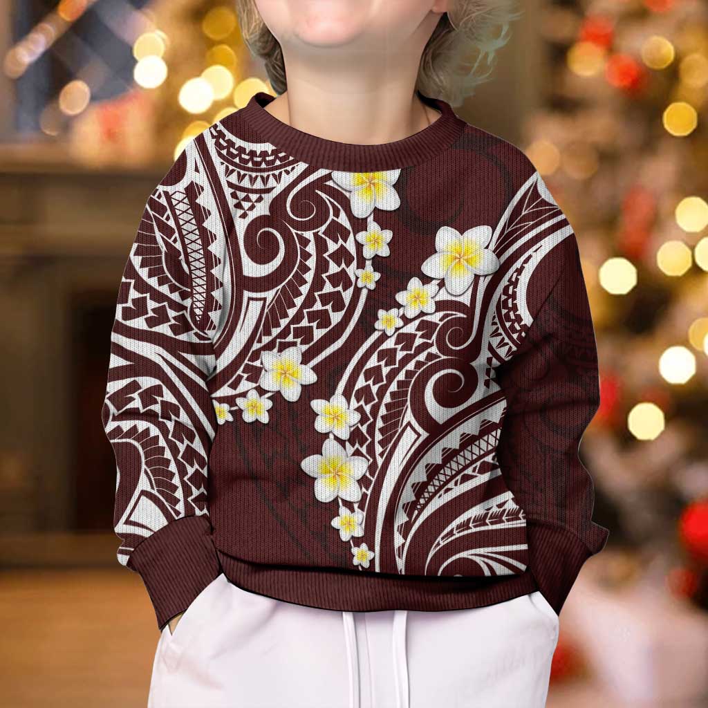 Plumeria With Oxblood Polynesian Tattoo Pattern Kid Ugly Christmas Sweater LT05 - Polynesian Pride