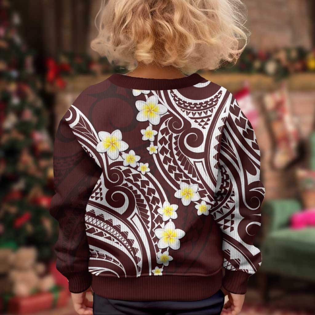 Plumeria With Oxblood Polynesian Tattoo Pattern Kid Ugly Christmas Sweater LT05 - Polynesian Pride