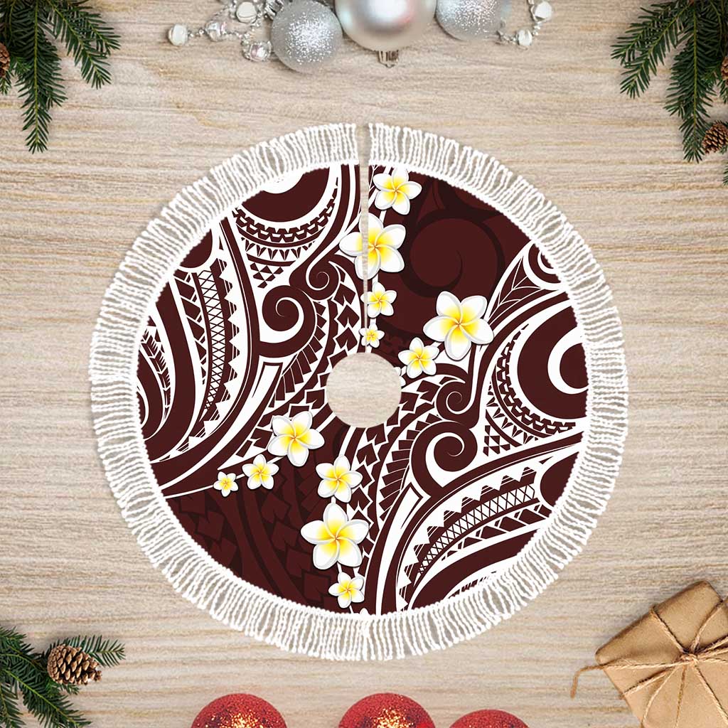 Plumeria With Oxblood Polynesian Tattoo Pattern Tree Skirt LT05 Fringed Red - Polynesian Pride
