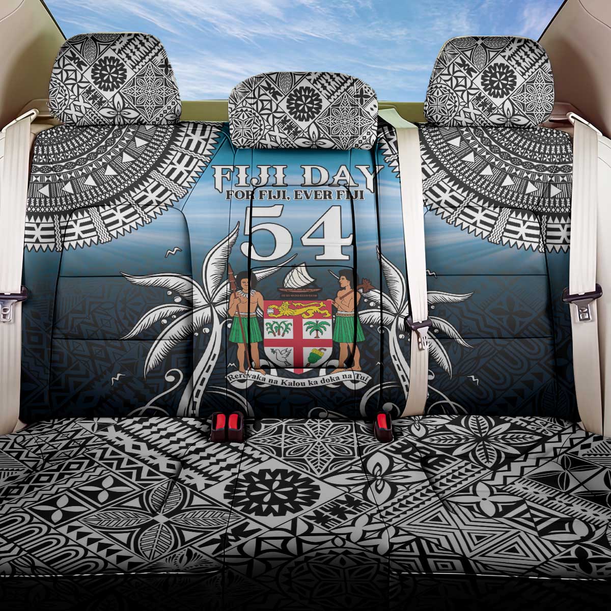 Happy 54th Fiji Day Back Car Seat Cover Forever Fiji With Tapa Tribal Pattern LT05 One Size Blue - Polynesian Pride