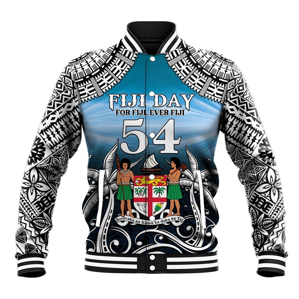 Personalised Happy 54th Fiji Day Baseball Jacket Forever Fiji With Tapa Tribal Pattern LT05 Unisex Blue - Polynesian Pride