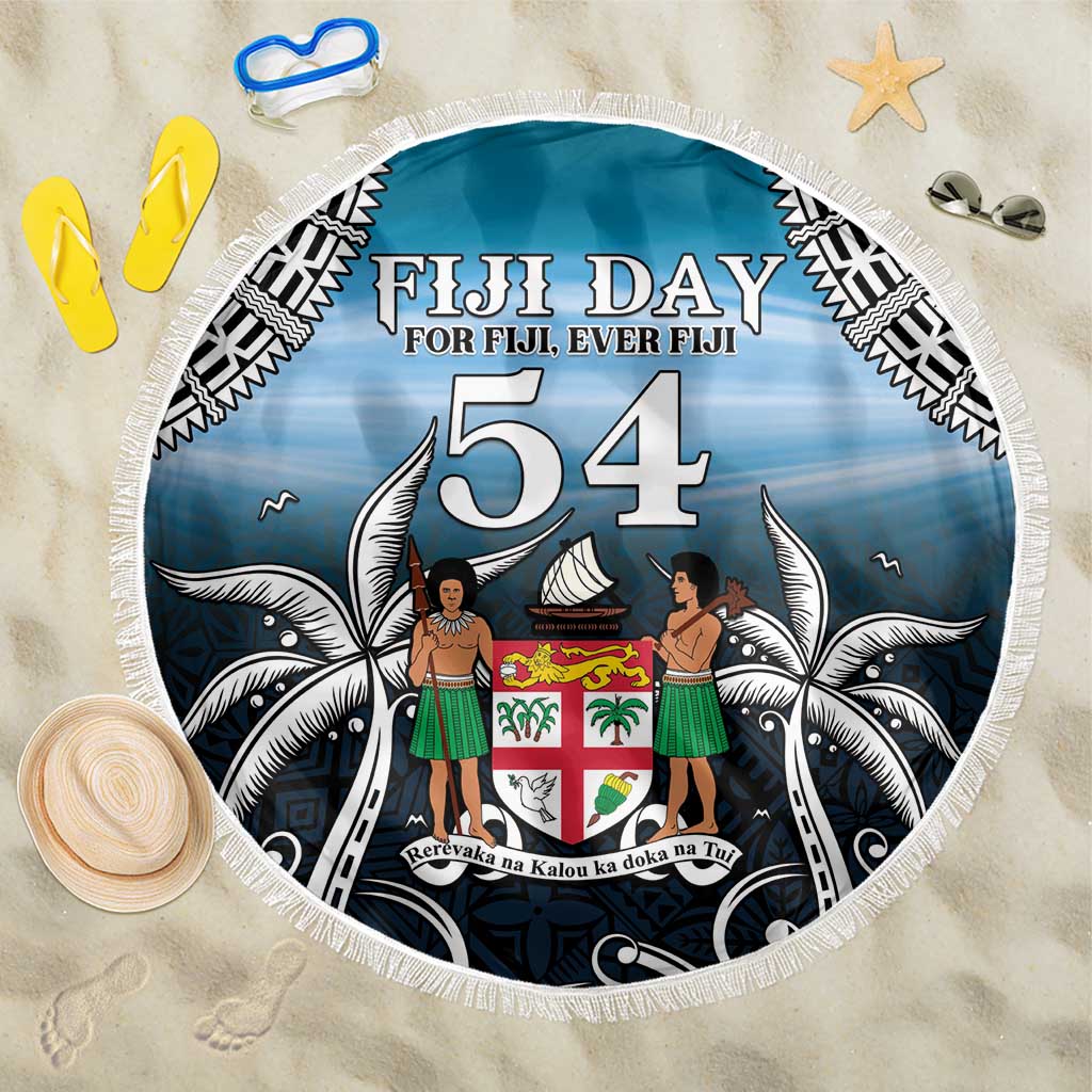 Happy 54th Fiji Day Beach Blanket Forever Fiji With Tapa Tribal Pattern LT05 One Size 150cm Blue - Polynesian Pride
