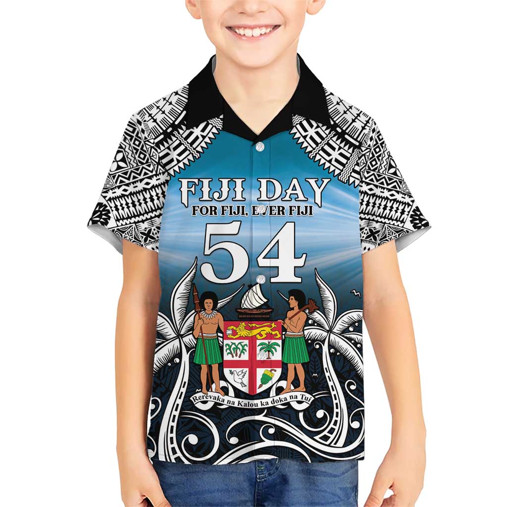 Personalised Happy 54th Fiji Day Kid Hawaiian Shirt Forever Fiji With Tapa Tribal Pattern LT05 Kid Blue - Polynesian Pride