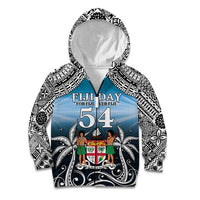 Personalised Happy 54th Fiji Day Kid Hoodie Forever Fiji With Tapa Tribal Pattern LT05 Zip Hoodie Blue - Polynesian Pride