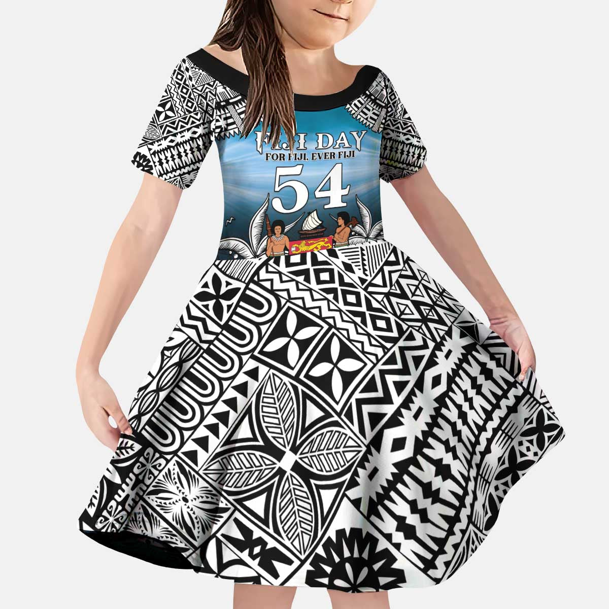 Personalised Happy 54th Fiji Day Kid Short Sleeve Dress Forever Fiji With Tapa Tribal Pattern LT05 KID Blue - Polynesian Pride