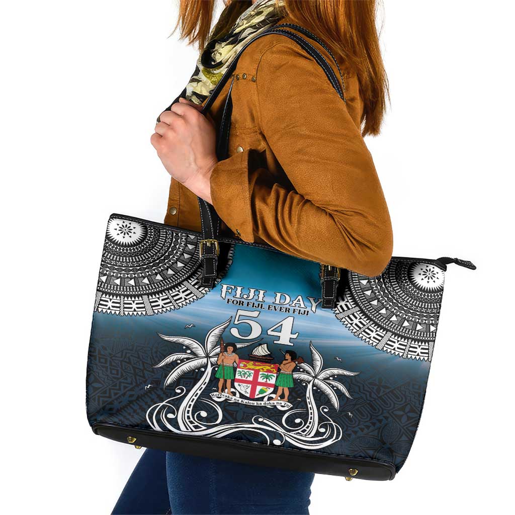 Happy 54th Fiji Day Leather Tote Bag Forever Fiji With Tapa Tribal Pattern LT05 Blue - Polynesian Pride