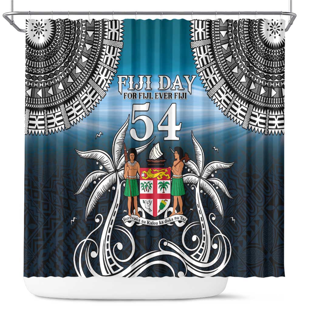 Happy 54th Fiji Day Shower Curtain Forever Fiji With Tapa Tribal Pattern LT05 Blue - Polynesian Pride