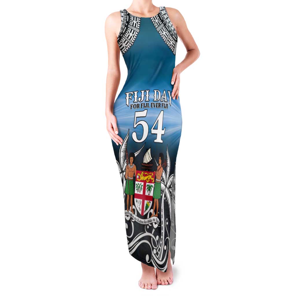 Personalised Happy 54th Fiji Day Tank Maxi Dress Forever Fiji With Tapa Tribal Pattern LT05 Women Blue - Polynesian Pride