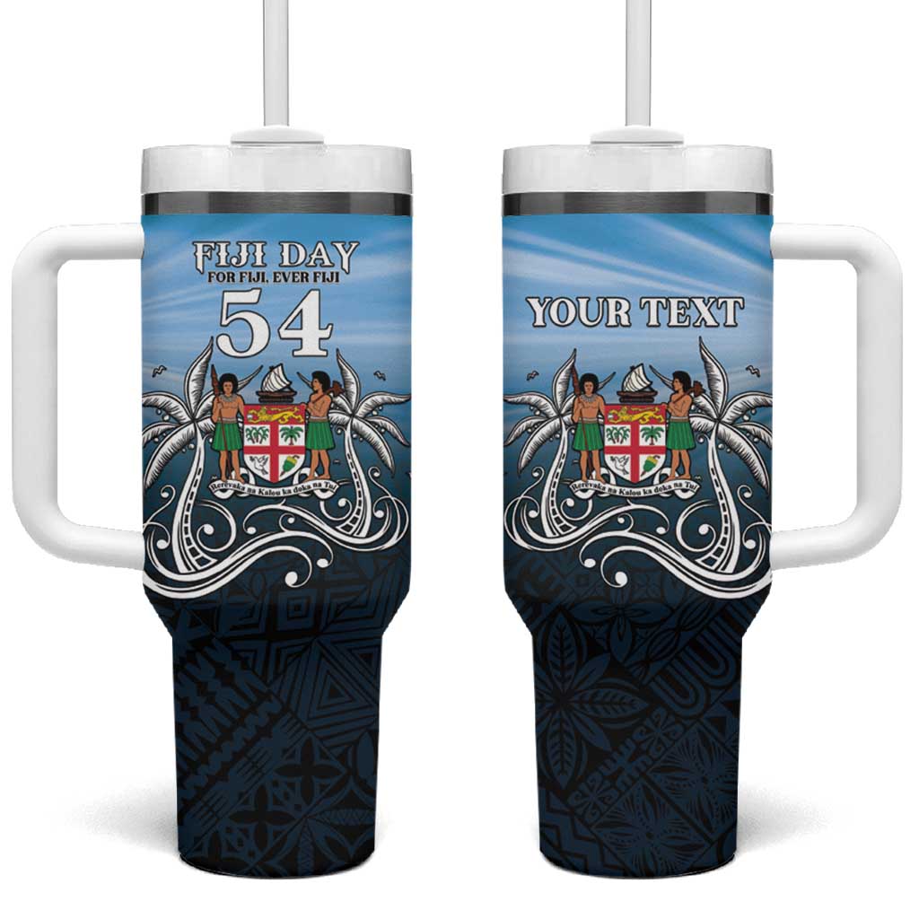 Personalised Happy 54th Fiji Day Tumbler With Handle Forever Fiji With Tapa Tribal Pattern LT05 One Size: 40 oz Blue - Polynesian Pride