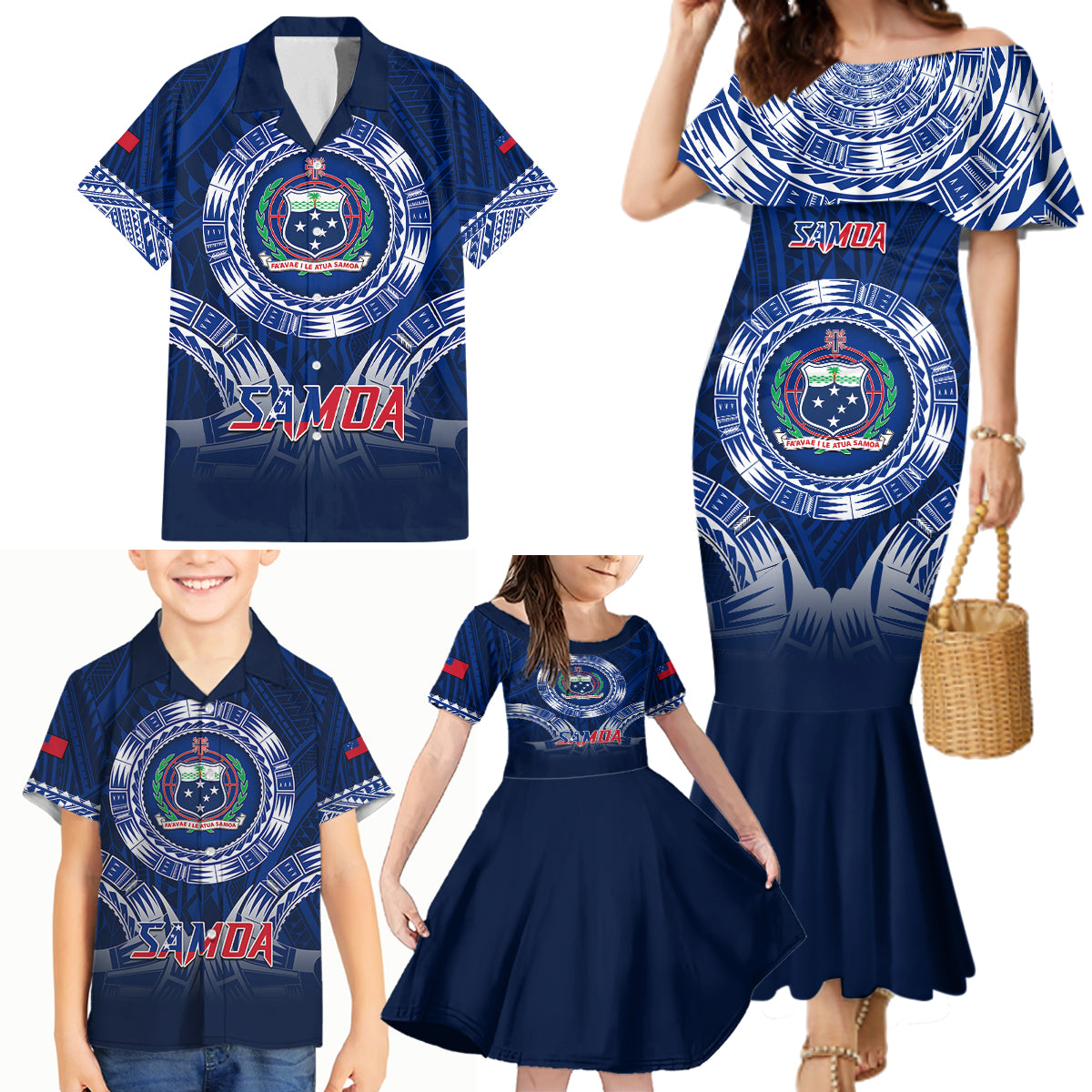 Samoa Rugby Family Matching Mermaid Dress and Hawaiian Shirt World Cup 2023 Coat Of Arms With Polynesian Pattern LT05 - Polynesian Pride