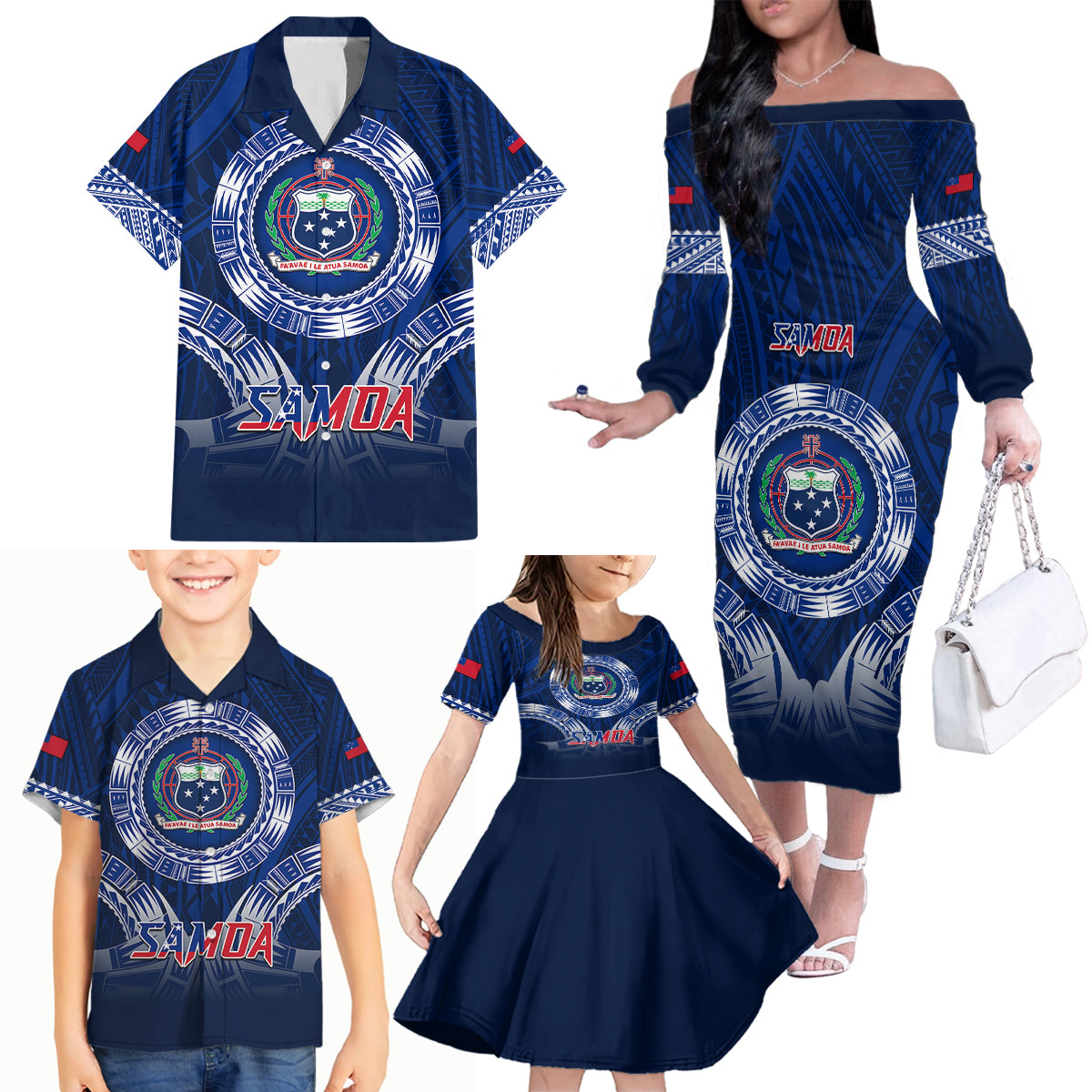 Custom Samoa Rugby Family Matching Off Shoulder Long Sleeve Dress and Hawaiian Shirt World Cup 2023 Coat Of Arms With Polynesian Pattern LT05 - Polynesian Pride