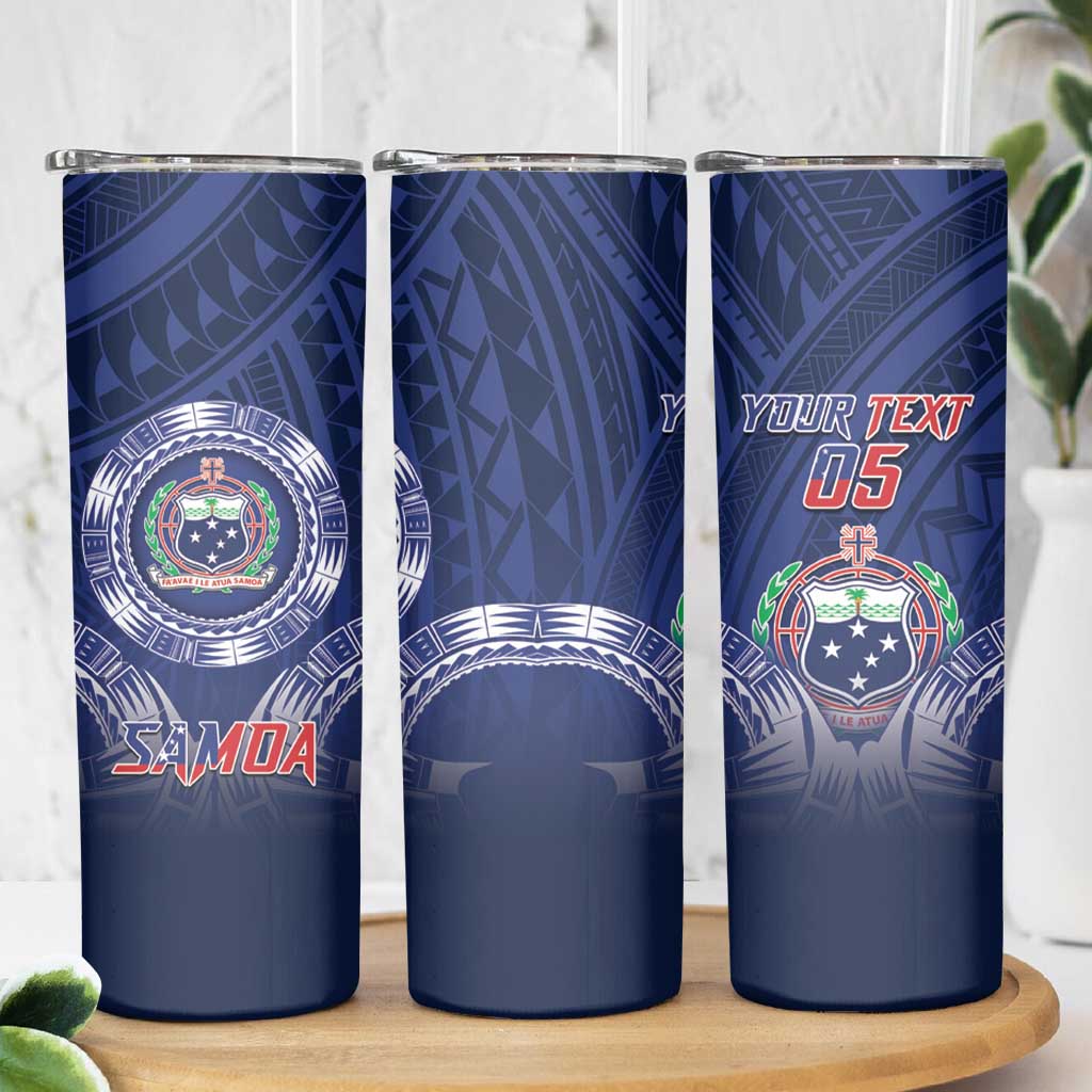 Custom Samoa Rugby Skinny Tumbler Coat Of Arms With Polynesian Pattern LT05 - Polynesian Pride