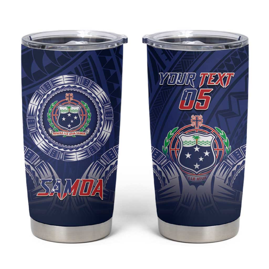 Custom Samoa Rugby Tumbler Cup Coat Of Arms With Polynesian Pattern LT05 Blue - Polynesian Pride