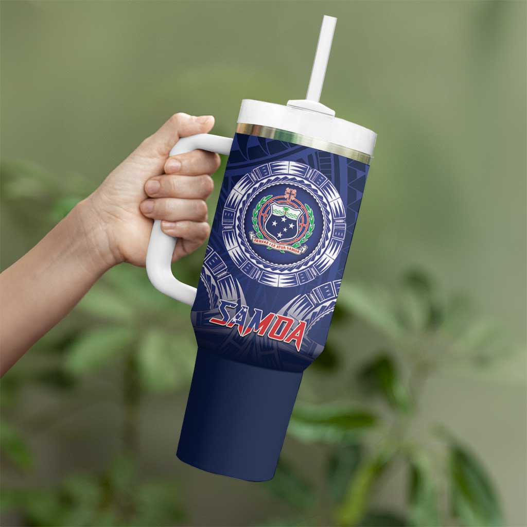 Custom Samoa Rugby Tumbler With Handle Coat Of Arms With Polynesian Pattern LT05 - Polynesian Pride