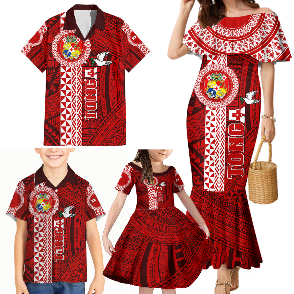 Tonga Rugby Family Matching Mermaid Dress and Hawaiian Shirt World Cup 2023 Coat Of Arms Ngatu Pattern LT05 - Polynesian Pride