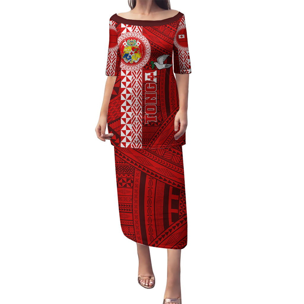 Tonga Rugby Puletasi World Cup 2023 Coat Of Arms Ngatu Pattern LT05 Long Dress Red - Polynesian Pride