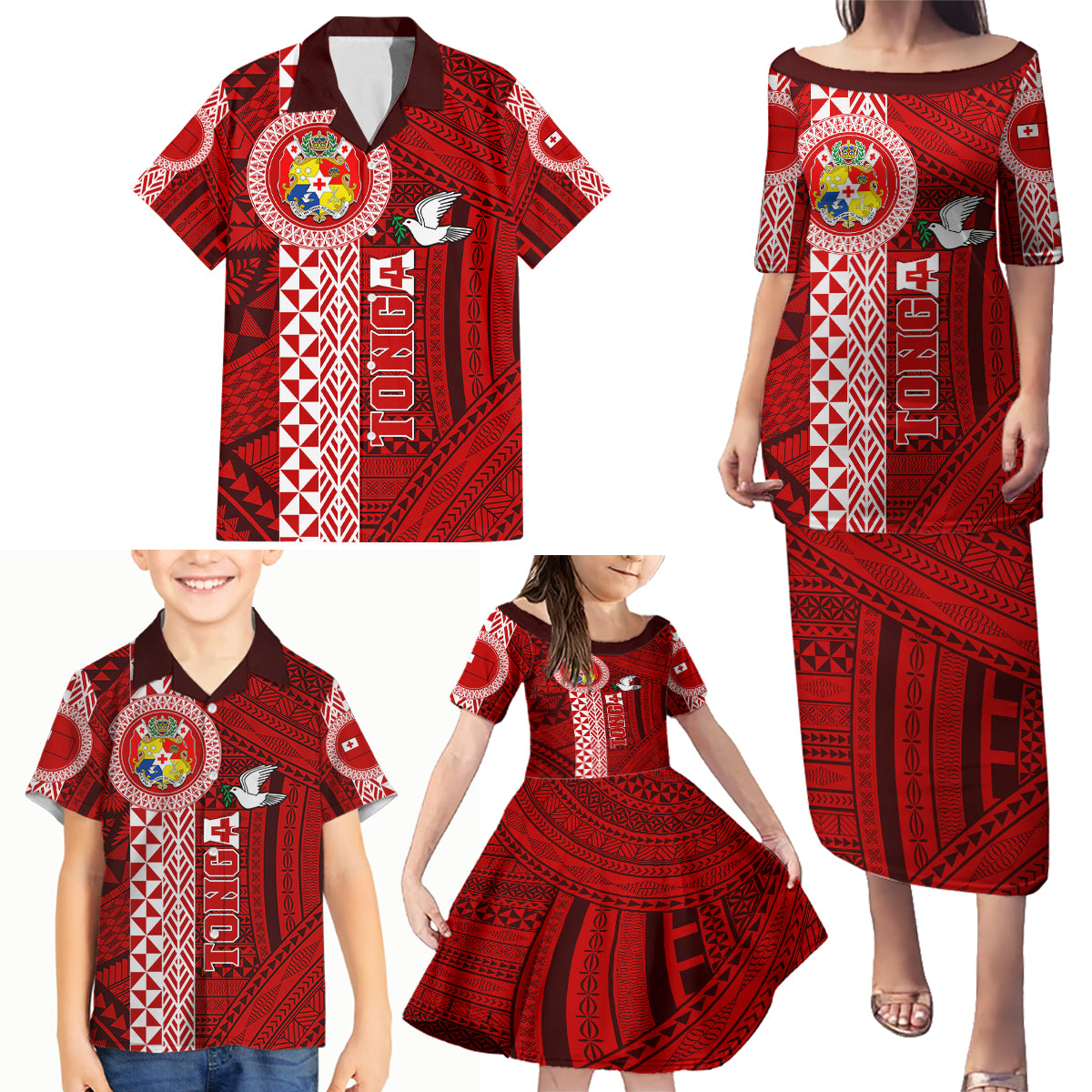 Custom Tonga Rugby Family Matching Puletasi Dress and Hawaiian Shirt World Cup 2023 Coat Of Arms Ngatu Pattern LT05 - Polynesian Pride